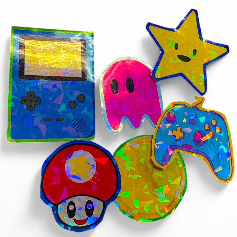 5 holographic stickers,mario shapes